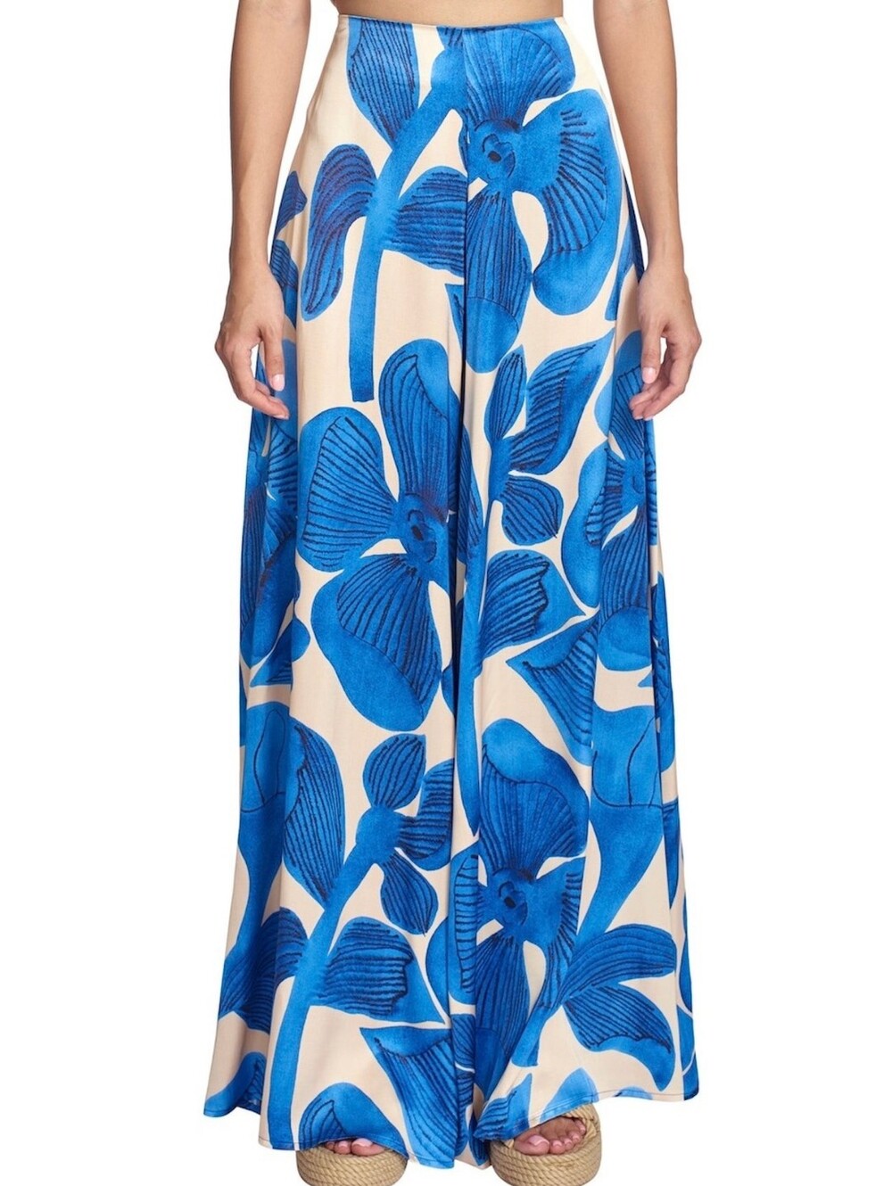 Wide-Leg Blue & Cream Floral Satin Pants